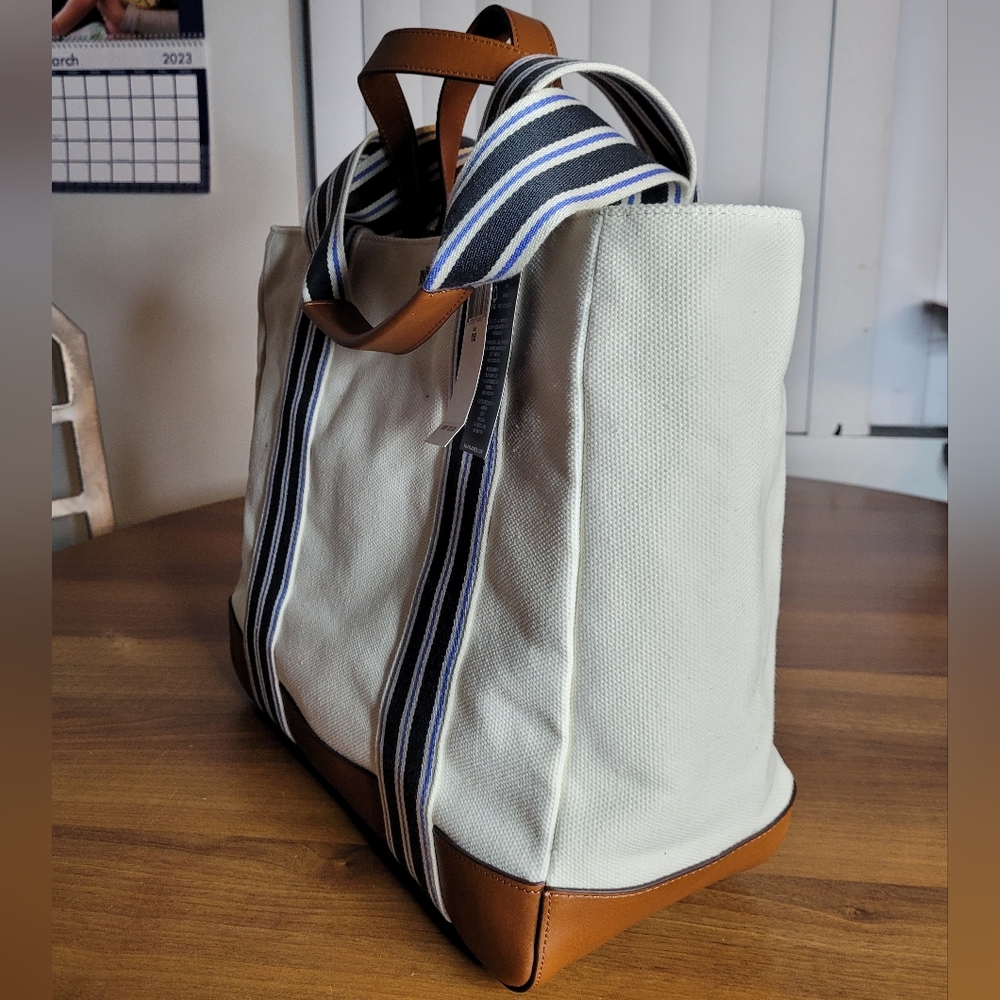 NWT Lauren Ralph Lauren LORA Large Striped Double Handled Cream Canvas Tote Bag - Picture 5 of 10